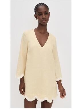Posse Butter Yellow V-Neck Linen Essie Caftan Dress with Scalloped Edges XS